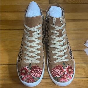 Johnny Was Brown Leopard Sneakers with Floral Embroidery